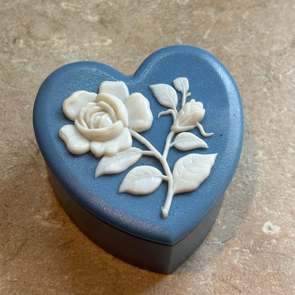 Heart Jewelry Trinket Box with Cream Rose Applique